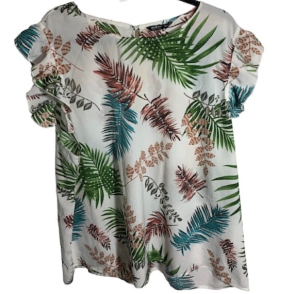 Shein Curve Tropical Print Notch Neck Ruffle Sleeve Blouse [Size 5X]